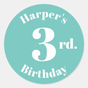 Modern Kids Birthday Custom name number light teal Classic Round Sticker