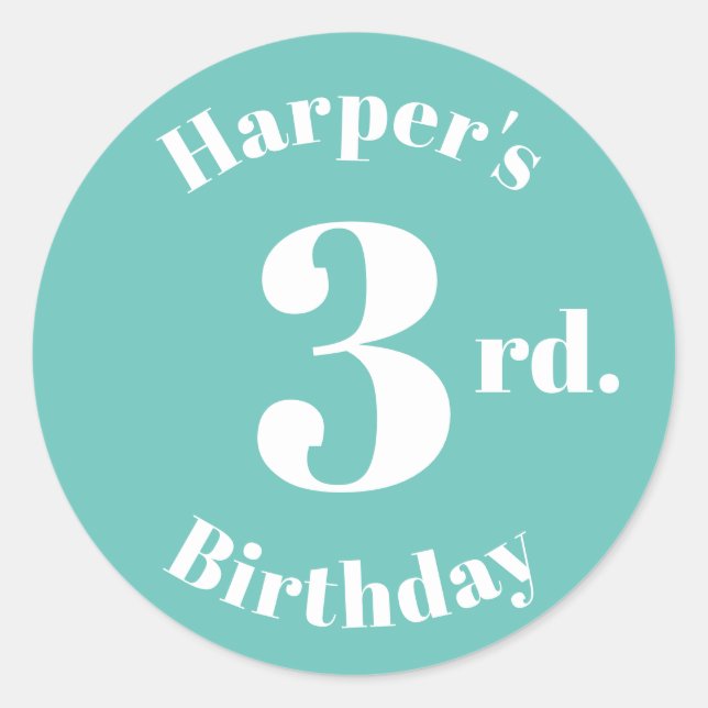 Modern Kids Birthday Custom name number light teal Classic Round Sticker (Front)