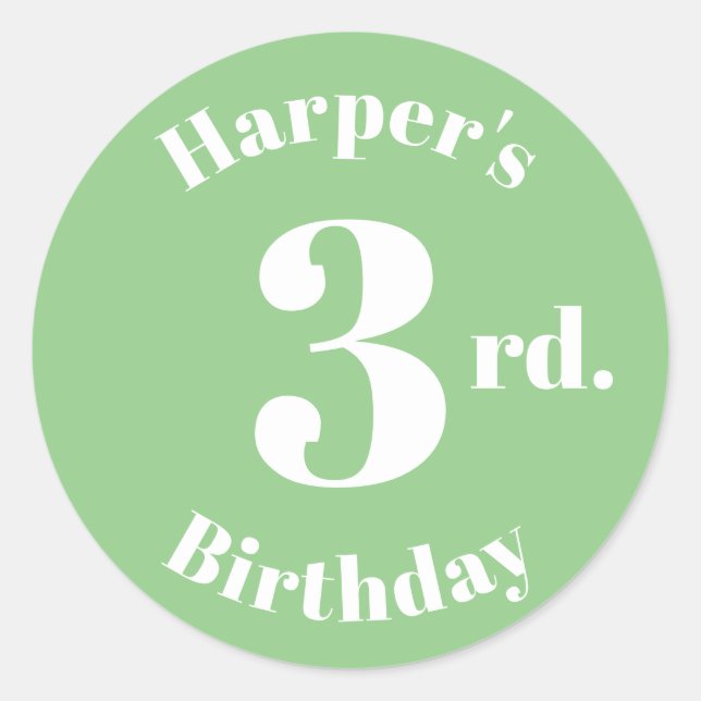 Modern Kids Birthday Custom name number sage green Classic Round Sticker (Front)