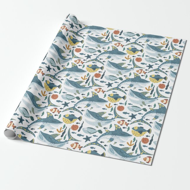 Modern Kids Birthday Little Shark Under The Sea Wrapping Paper (Unrolled)