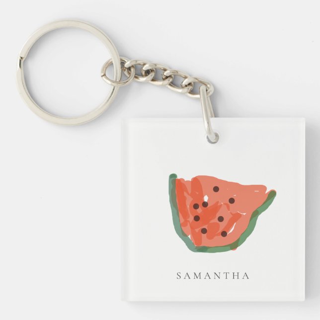 Modern Kids Hand Drawn Watermelon Fruit Red Green Keychain (Front)