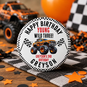 Modern Kids Monster Trucks Birthday Party 3 Inch Round Button