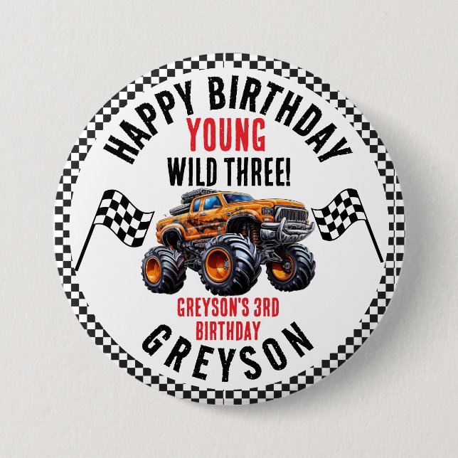 Modern Kids Monster Trucks Birthday Party 3 Inch Round Button (Front)