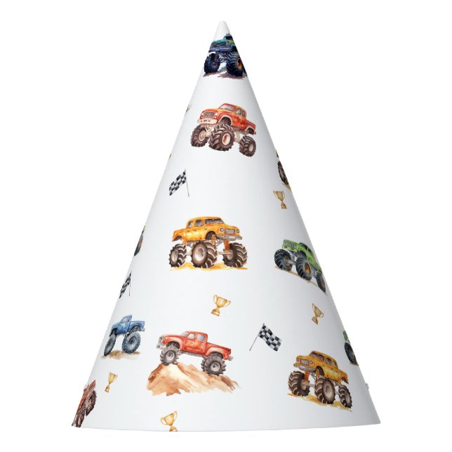 Modern Kids Monster Trucks Birthday Party Hat (Front)