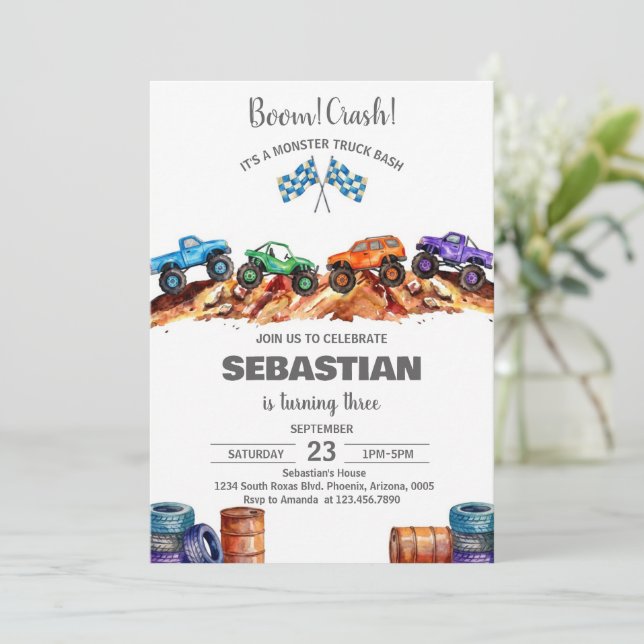 Modern Kids Monster Trucks Birthday Party Invitation (Standing Front)
