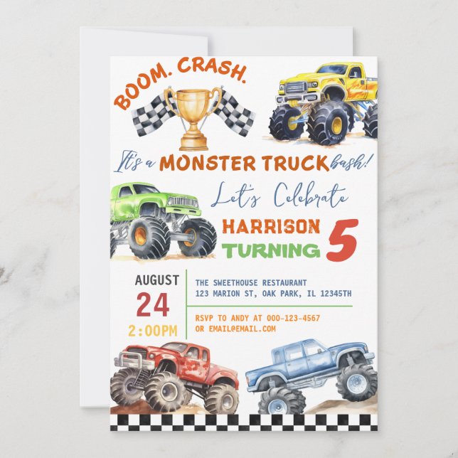 Modern Kids Monster Trucks Birthday Party Invitation (Front)
