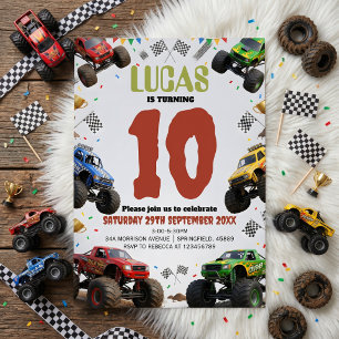 Modern Kids Monster Trucks Birthday Party Invitation