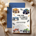 Modern Kids Monster Trucks Birthday Party Invitation<br><div class="desc">Attention all little party animals! Get ready to rev up the fun with our 'BOOM, CLASH ITS A MONSTER TRUCK BASH' Birthday Kids Monster Car Trucks Invitation. Adorned with adorable and vibrant monster car trucks, this modern typography script invites you to join in on the celebration. Let's roar into the...</div>