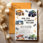 Modern Kids Monster Trucks Birthday Party Invitation<br><div class="desc">Attention all little party animals! Get ready to rev up the fun with our 'BOOM, CLASH ITS A MONSTER TRUCK BASH' Birthday Kids Monster Car Trucks Invitation. Adorned with adorable and vibrant monster car trucks, this modern typography script invites you to join in on the celebration. Let's roar into the...</div>