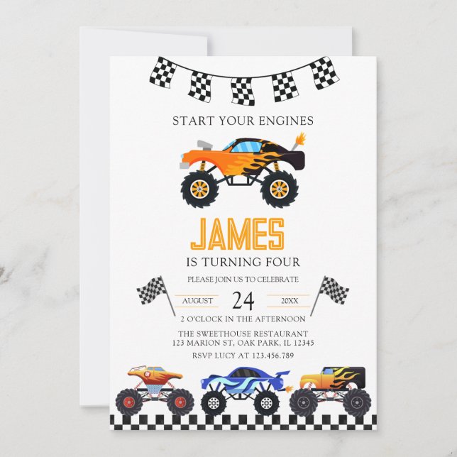 Modern Kids Monster Trucks Birthday Party Invitation (Front)