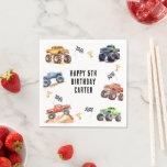 Modern Kids Monster Trucks Birthday Party Napkin<br><div class="desc">Attention all little party animals! Get ready to rev up the fun with our Kids Monster Car Trucks birthday party napkins. Adorned with adorable and vibrant monster car trucks, this modern typography script invites you to join in on the celebration. Let's roar into the third year of life with an...</div>