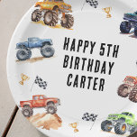 Modern Kids Monster Trucks Birthday Party Paper Plate<br><div class="desc">Attention all little party animals! Get ready to rev up the fun with our Kids Monster Car Trucks birthday party plates. Adorned with adorable and vibrant monster car trucks,  this modern typography script invites you to join in on the celebration.</div>