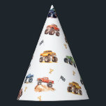 Modern Kids Monster Trucks Birthday Party Party Hat<br><div class="desc">Attention all little party animals! Get ready to rev up the fun with our Kids Monster Car Trucks birthday party hats. Adorned with adorable and vibrant monster car trucks,  flags and gold cups.</div>
