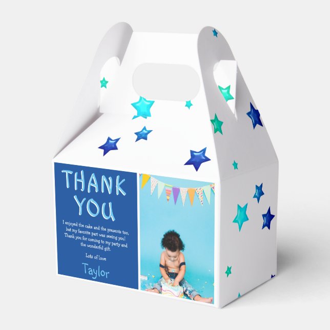 Modern Kids Photo Birthday | Blue Thank You Favor Box (Front Side)
