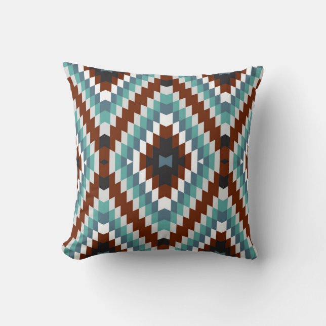 Modern Kilim Pattern Rust and Aqua Throw Pillow (Front)