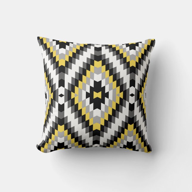 Modern Kilim Pattern Yellow Grey Throw Pillow (Front)