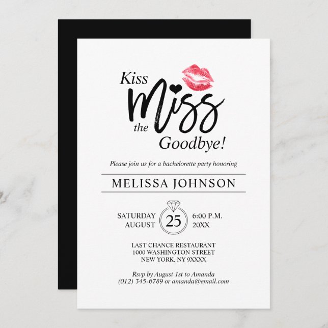 Modern Kiss Miss Goodbye Lips Bachelorette Party Invitation (Front/Back)