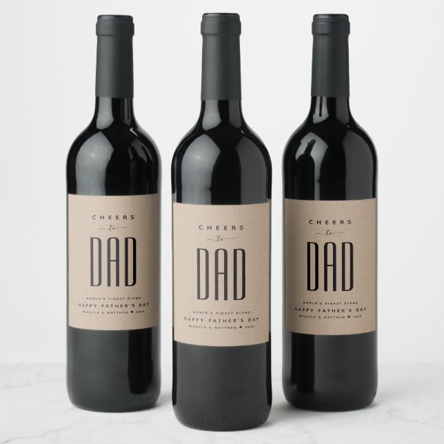 Modern Kraft & Black "Cheers to Dad" Father's Day Wine Label (Bottles)