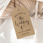 Modern Kraft Black Heart Script Wedding Welcome Gift Tags<br><div class="desc">Modern black and rustic kraft paper wedding welcome gift favour tags feature a stylish black typography design with chic calligraphy script and a heart accent. The simple and elegant custom text that can be personalized with the names of the couple and their wedding date.</div>