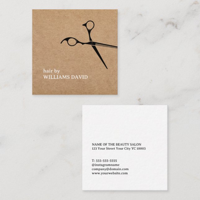 Modern Kraft Black Scissors Hair Stylist  Square Business Card (Front/Back)