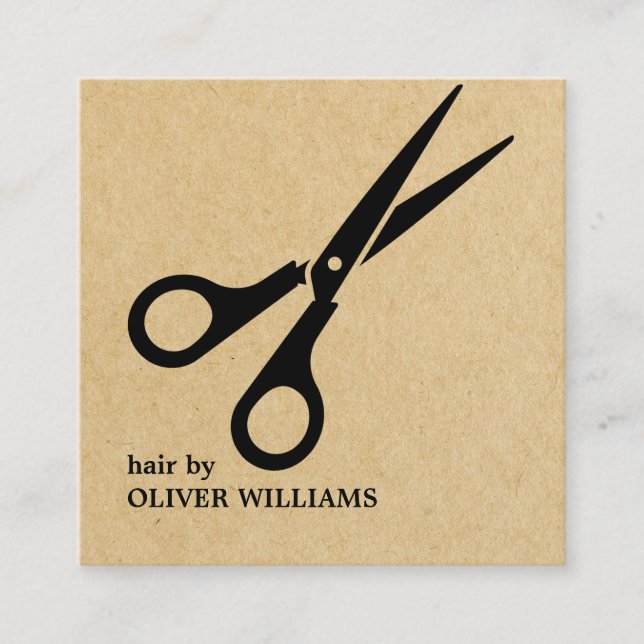 Modern Kraft Black Scissors Hair Stylist Square Business Card (Front)