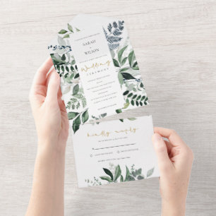 Modern Kraft Green Leafy Tropical Foliage Wedding All In One Invitation
