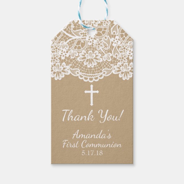 Modern Kraft Lace First Communion Gift Tag (Front)