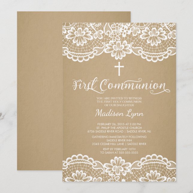 Modern Kraft Lace First Holy Communion Invitation (Front/Back)