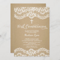 Modern Kraft Lace First Holy Communion Invitation