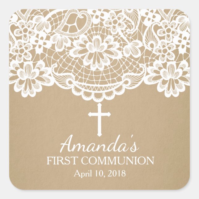 Modern Kraft Lace First Holy Communion Sticker (Front)