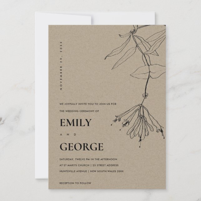 MODERN KRAFT LINE DRAWING FLORAL WEDDING INVITE (Front)