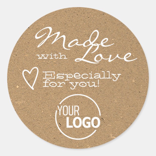 Modern Kraft Paper Made with Love Heart and Logo Classic Round Sticker (Front)