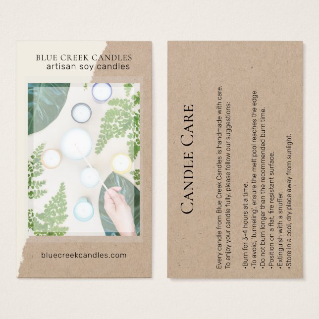 Modern Kraft Photo Candle Care Card (Front & Back)