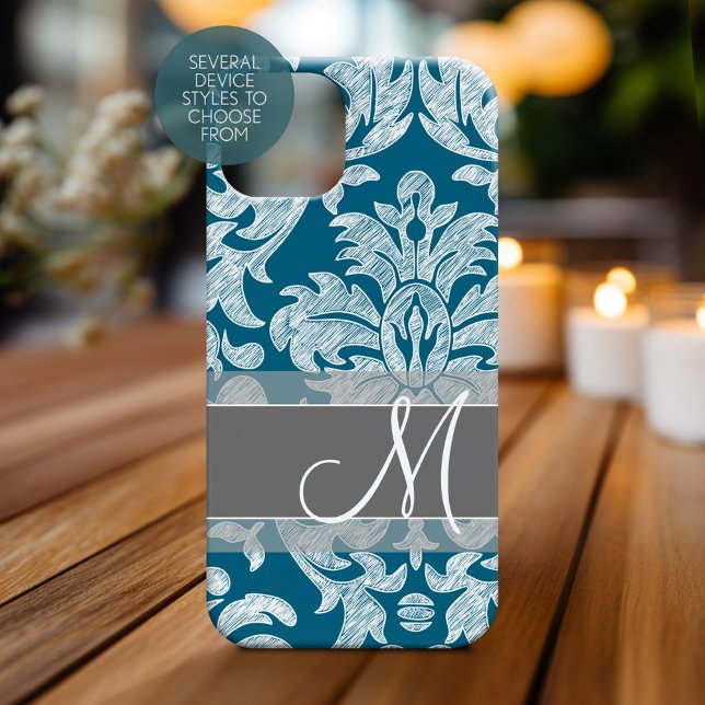 Modern Lace Damask Pattern - Blue Grey Case-Mate iPhone Case (Personalized Phone Case with Monogram)