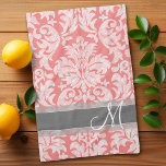 Modern Lace Damask Pattern - Coral and Grey Kitchen Towel<br><div class="desc">Trendy and feminine floral damasks with popular colours. The damask has a whimsical chalkboard look.</div>