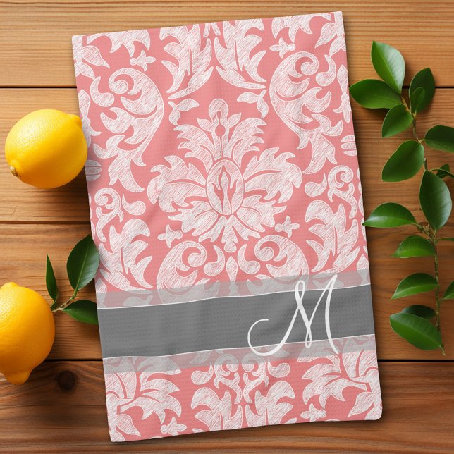 Modern Lace Damask Pattern - Coral and Grey Kitchen Towel (Damask pattern with monogram - personalized kitchen towel)