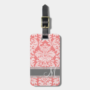 Modern Lace Damask Pattern - Coral and Grey Luggage Tag