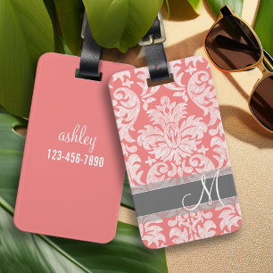 Modern Lace Damask Pattern - Coral and Grey Luggage Tag