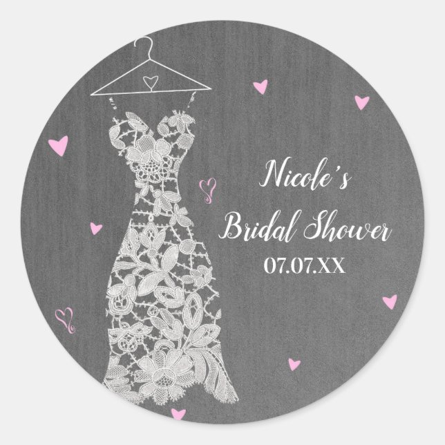 Modern Lace Dress Pink Hearts Bridal Shower Favour Classic Round Sticker (Front)