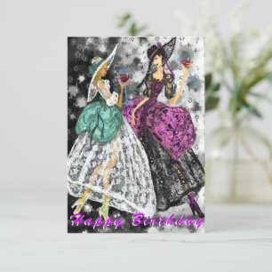 Modern Ladies Drinking Wine Happy Birthday Card