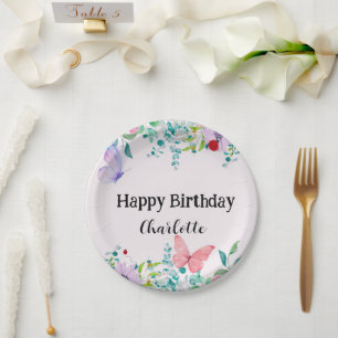 Modern Ladybug Butterfly colourful flower Birthday Paper Plate