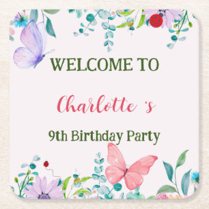 Modern Ladybug Butterfly colourful flower Birthday Square Paper Coaster