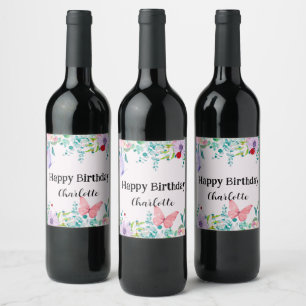 Modern Ladybug Butterfly colourful flower Birthday Wine Label