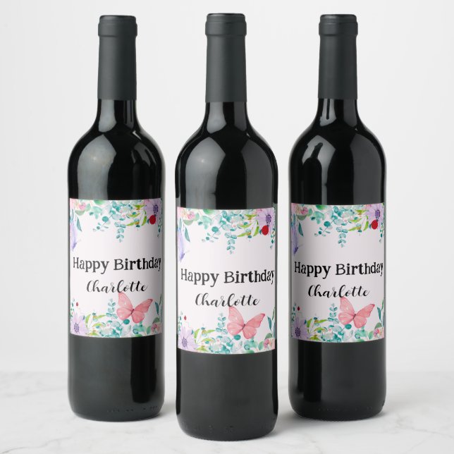 Modern Ladybug Butterfly colourful flower Birthday Wine Label (Bottles)