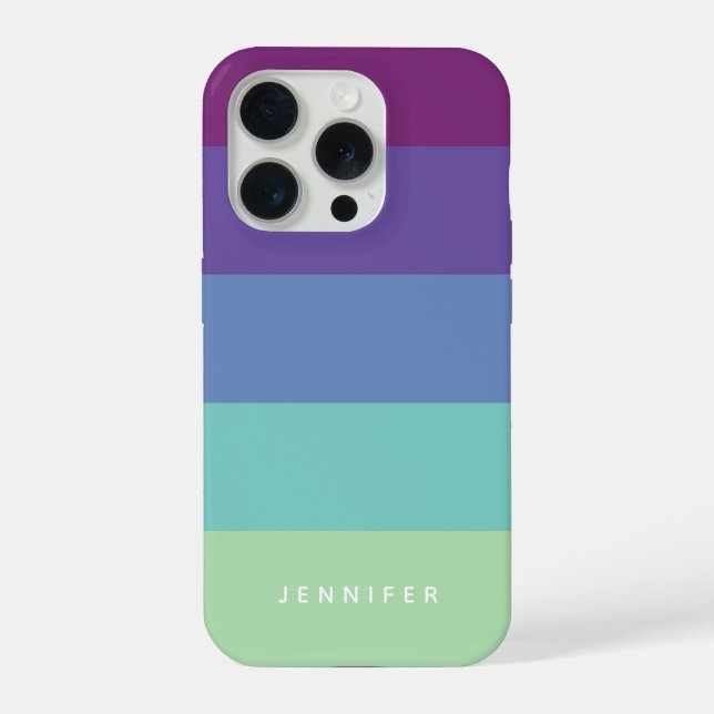 Modern Lagoon Stripes, Purple Blue, Custom Name iPhone Case (Back)