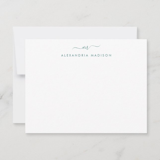 Modern Lake Green Script Monogram Swash Stationery Card (Front)