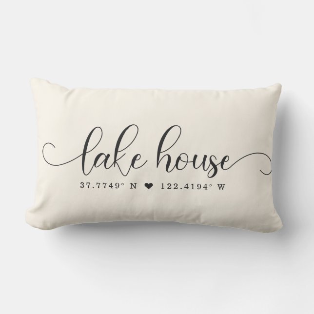 Modern Lake House Chic Script Custom Coordinates Lumbar Pillow (Front)