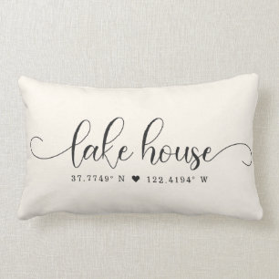 Modern Lake House Chic Script Custom Coordinates Lumbar Pillow