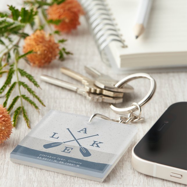 Modern Lake House Custom Coordinates Keychain (Front Right)