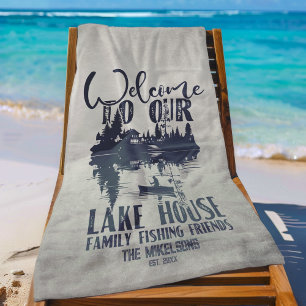 Modern Lake House Family Name Beach Towel